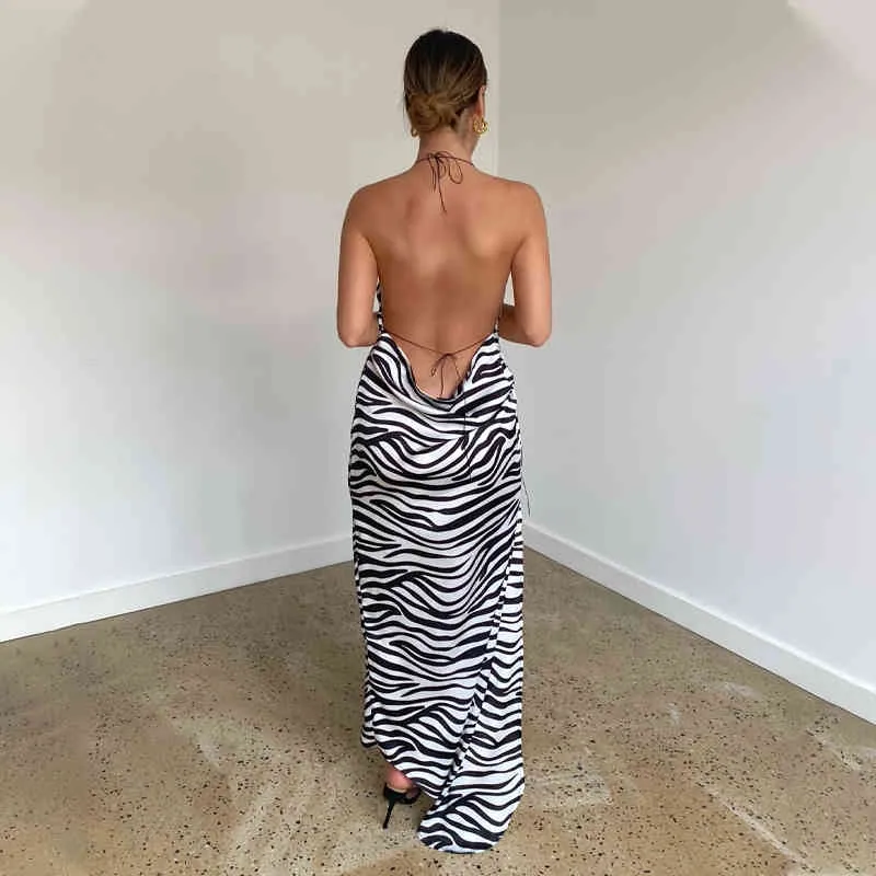 Y2K Senza maniche Backless Halter Fessura Zebra Stripes Stampa Sexy Maxi Slip Dress Summer Women Fashion Club Abiti lunghi 210517