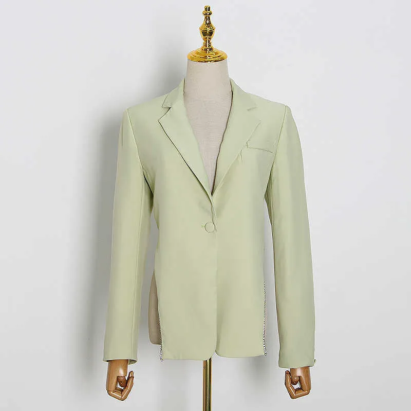 VHH Asymetryczny blezer dla kobiet Collar z długim rękawem Backless Hollow Out Beading Green Coats Styl Fashin Style 210930