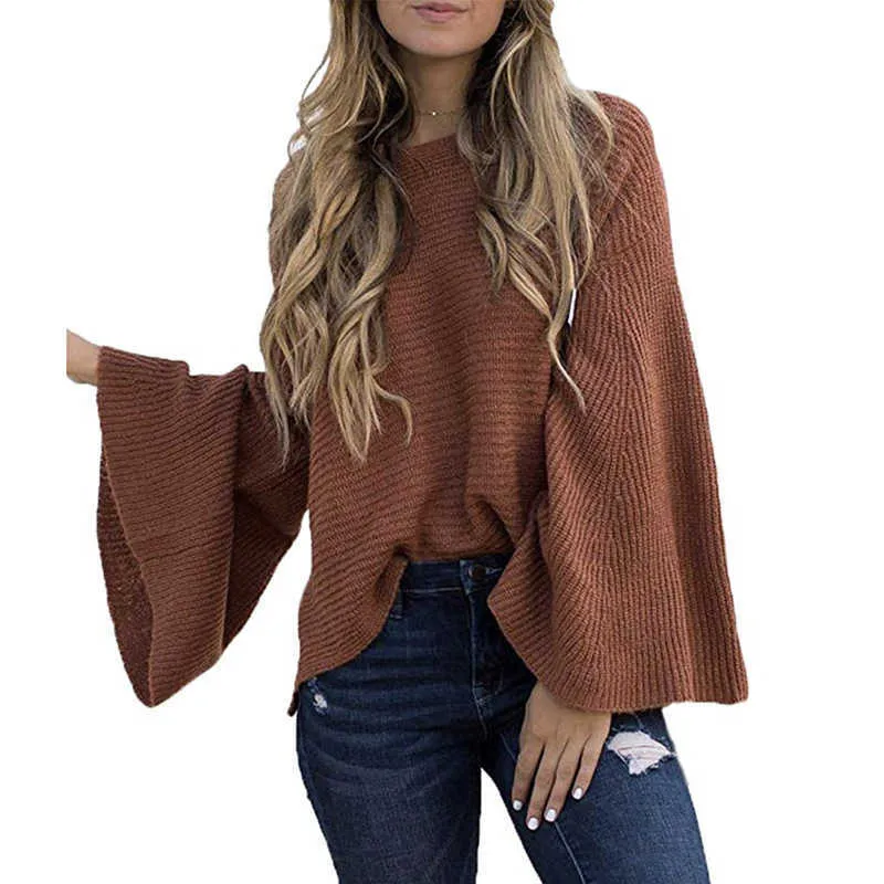 autumn women Big Flare sleeve pullover sweaters long-sleeved O-neck black sweater pull femme nouveaute jumper mujer 210604