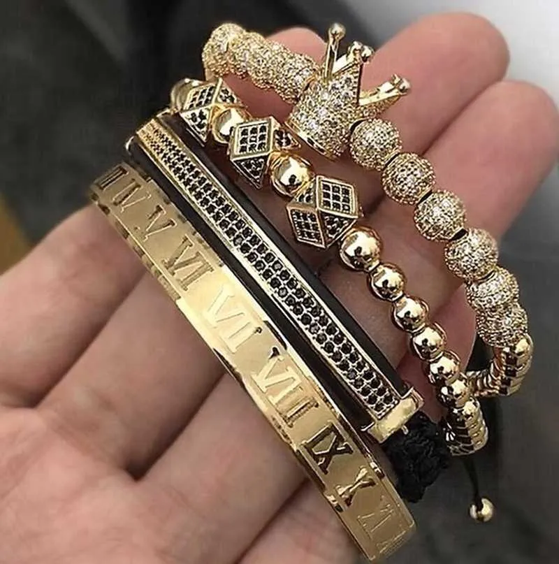 Bracelet tressé classique tissé à la main pour hommes, style Hip Hop doré, couronne en Zircon, chiffres romains, ensemble de 3 paquets, cadeau F1211232a