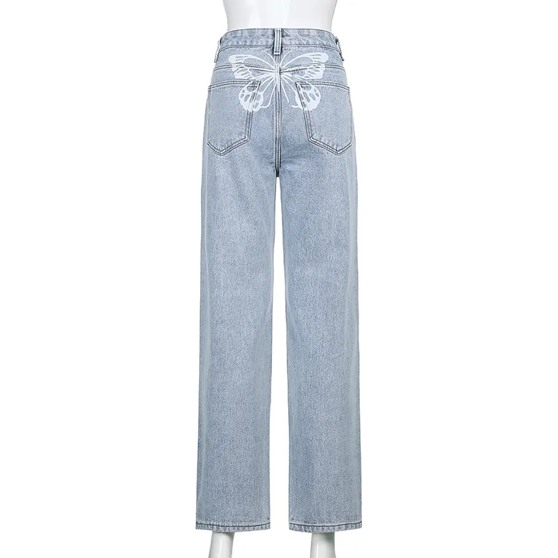 Pantalones de mezclilla con estampado de mariposas Mujeres Y2K Jeans para niñas Moda femenina Vintage Pantalón de talle alto Harajuku Capris Streetwear 210415