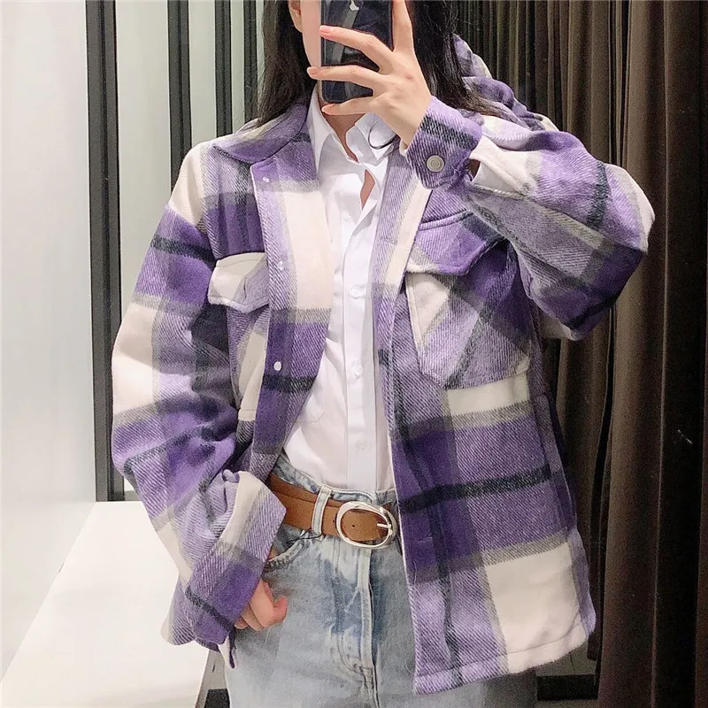 BLSQR Élégant Poches Lâche Plaid Veste Manteau Femmes Casual Revers À Manches Longues Survêtement Violet Mignon Filles Chic Streetwear 210430