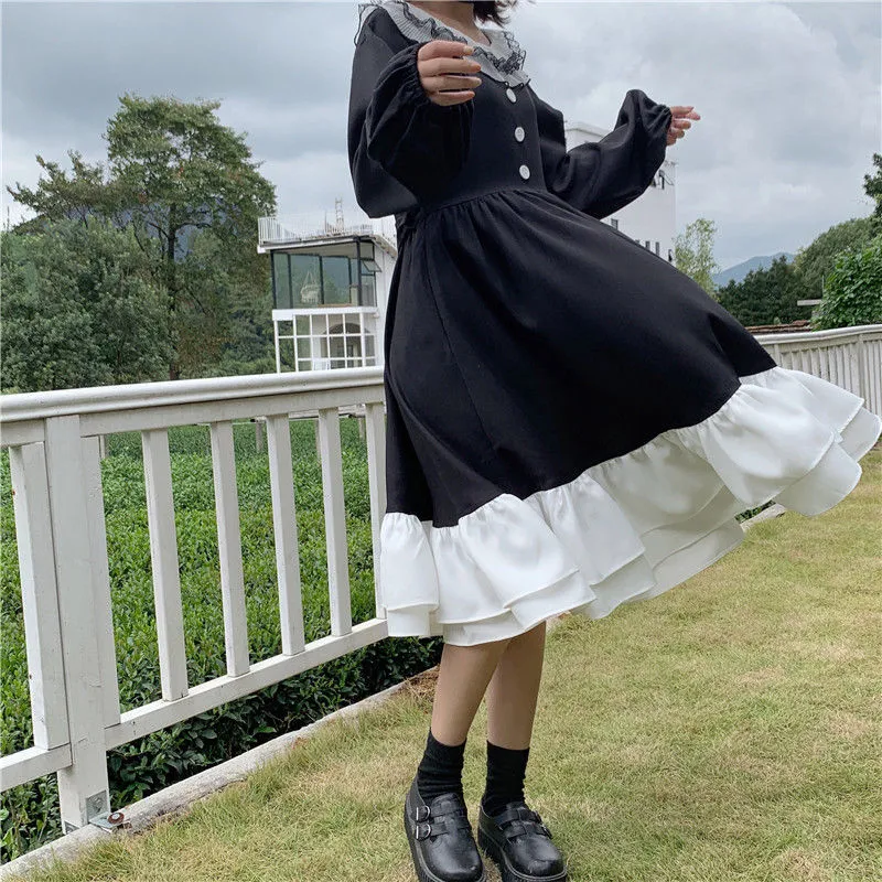 Söt lolita klänning kvinnor vintage spets bowknot höga midja klänningar kawaii japanska tjejer gotiska cosplay loli 25928 210519