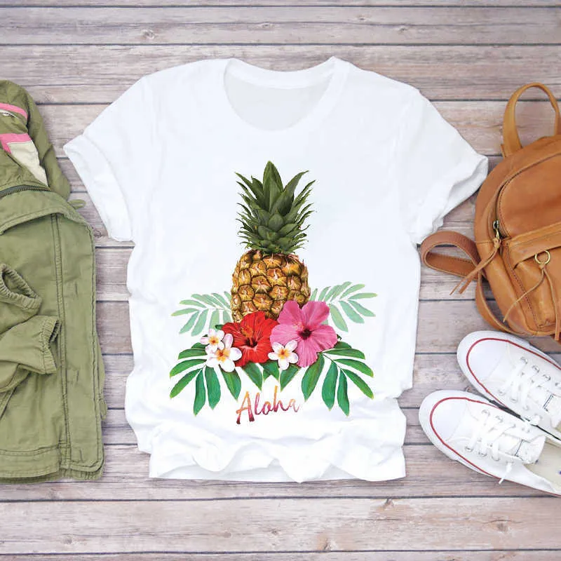 Kobiety 2020 Lato Ananas Akwarela Owoce Cute Cartoon Lady T-shirty Top T Shirt Damska Graficzna Koszulka Kobiet T-Shirt X0628