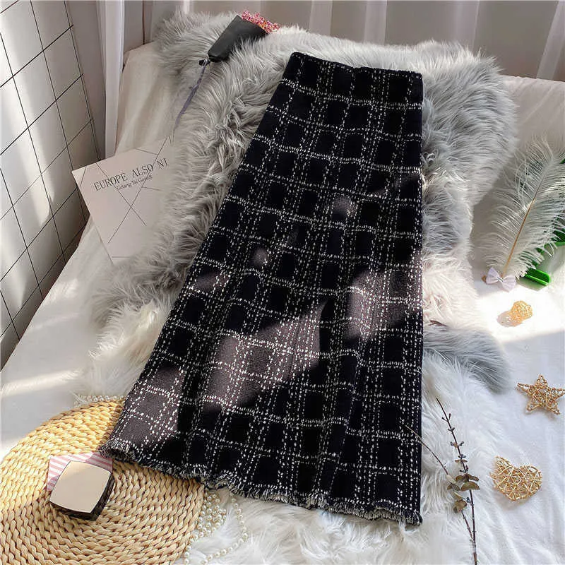 Vintage Plaid Pleated Long Kjolar Hög midja Vinter Kvinnor Koreanska Woolen Kjol Streetwear Drawstring Elastic Waist Midi Skirt 210608