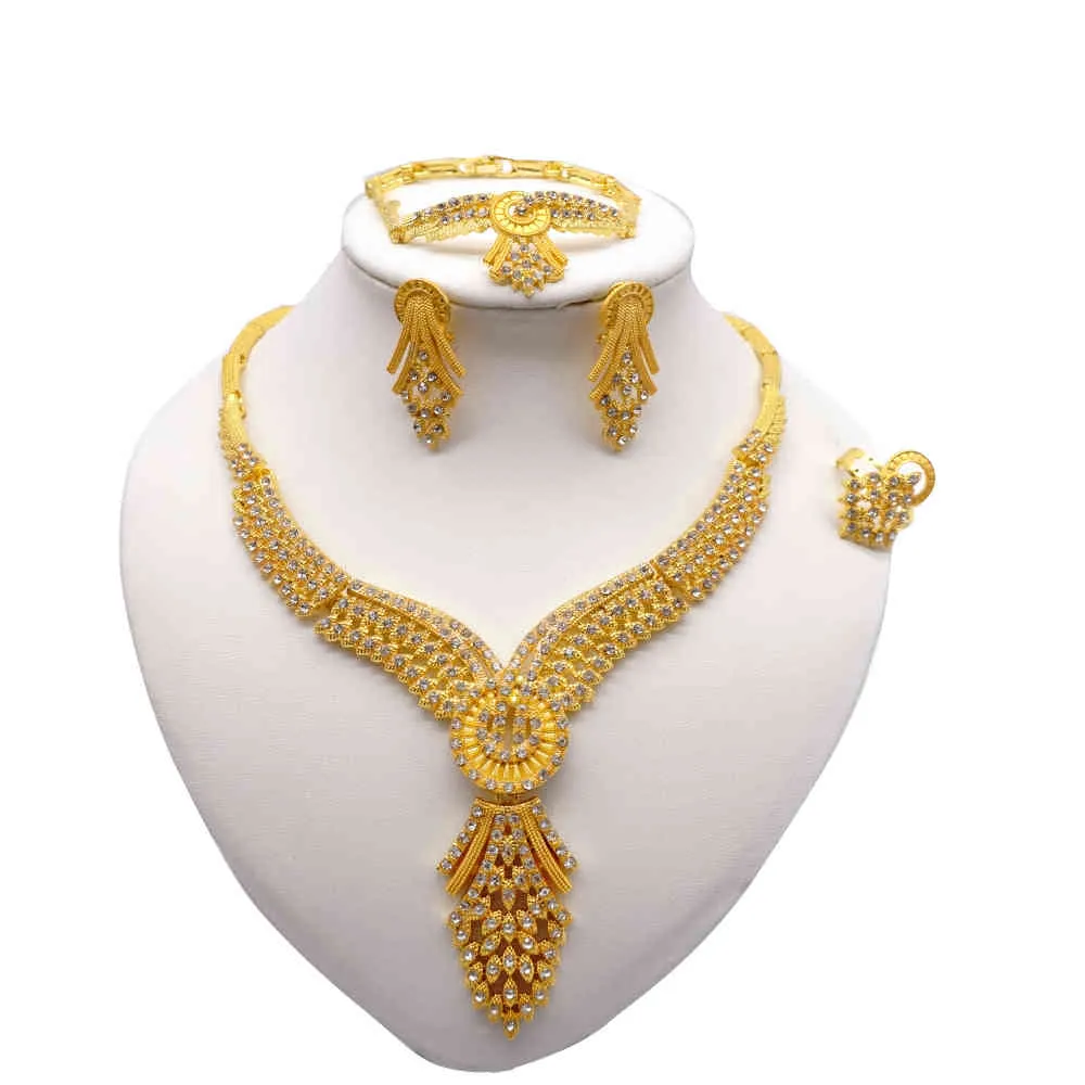 Collana S donne Dubai Africano Gold Gioielli Orecchini Bride Anelli Set di gioielli da sposa nigeriano indiano Gift4107391