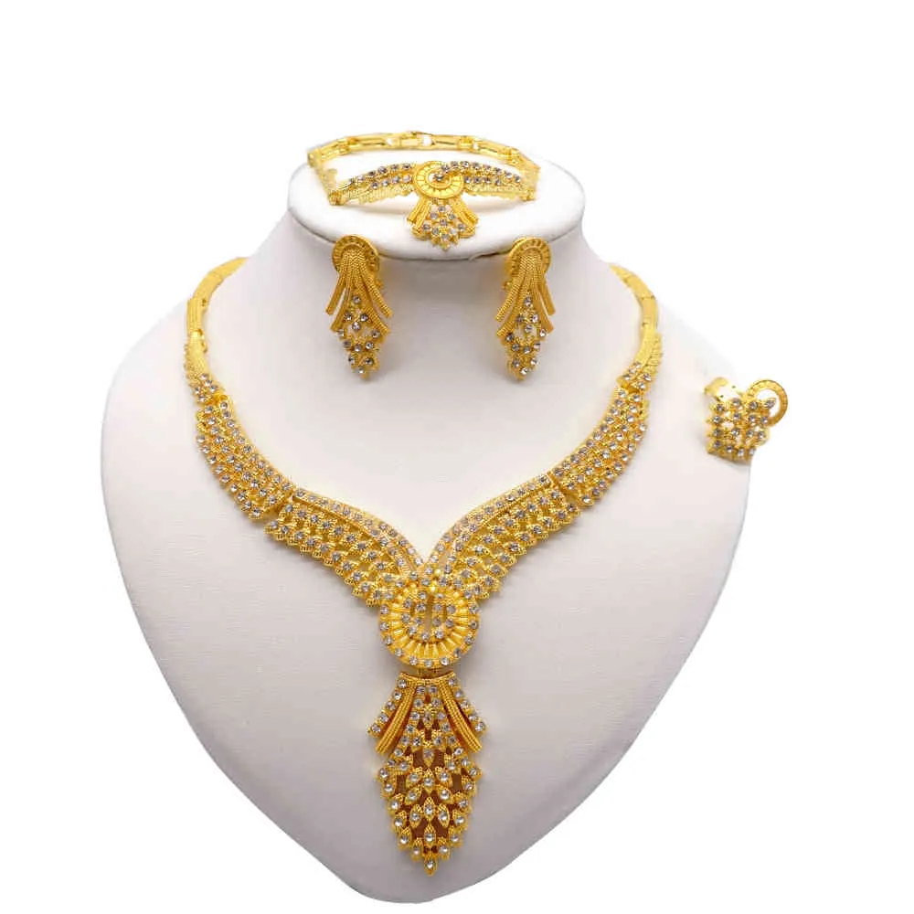 Halsband S för kvinnor Dubai African Gold Jewelry Bride örhängen ringer indiska nigerianska bröllop smycken set gåva3364364