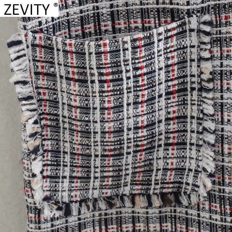 Zevity mujeres vintage puff manga patchwork tweed lana recto mini vestido femenino chic borla bolsillo parche retro vestido DS8134 210603