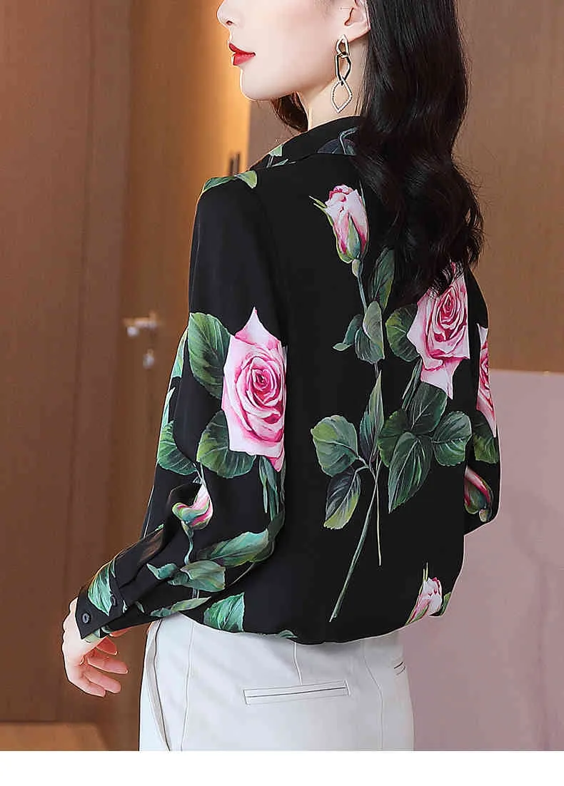 Tingfly Designer Rose Flower Floral Slå ner krage -knappen Up Bluses Elegant Women Offic Work Blus Blusa Femme Shirts Plus 210401