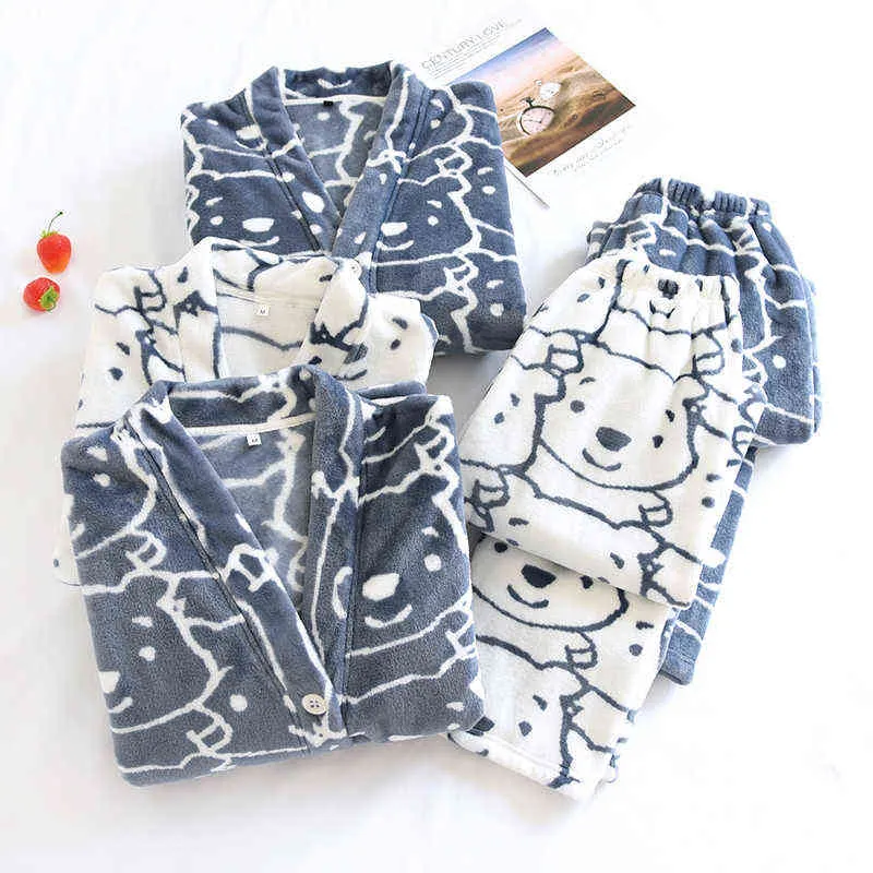 Kış Flanel Çift Pijama Setleri Kalın Sıcak Ev Giyim Pijama Artı Kadife Kadın Gecelik Suit Pijama Femme Pijama 211109