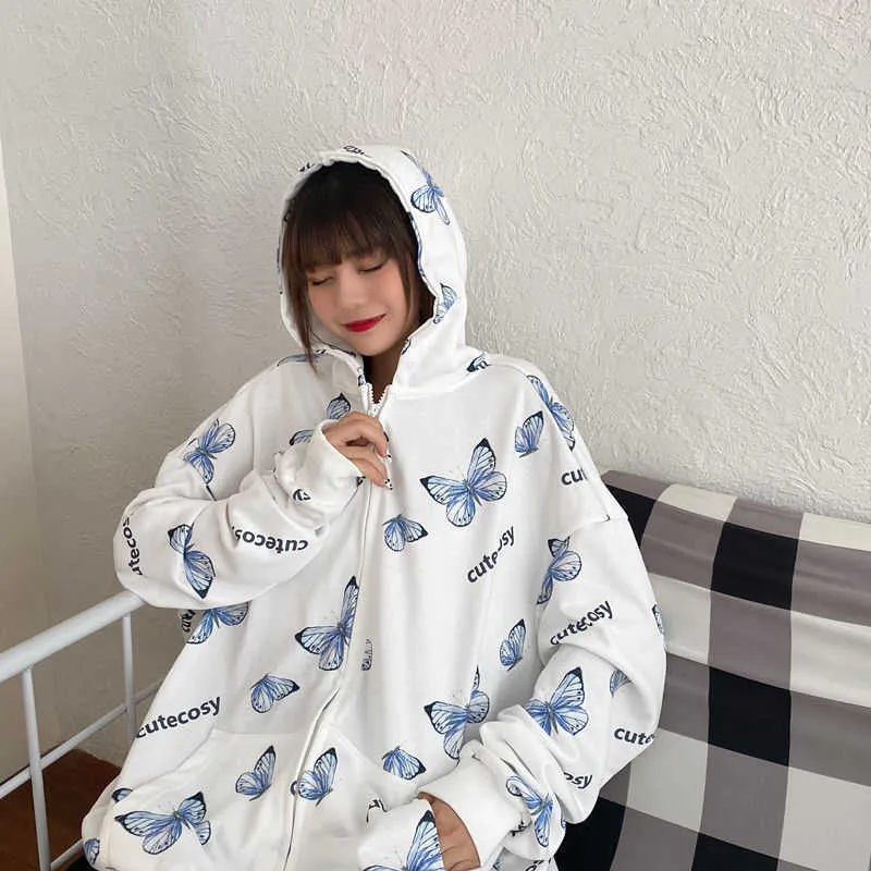 Sudadera con capucha de mariposa Harajuku de verano con cremallera para mujer, sudadera de primavera de gran tamaño, prendas de vestir exteriores de talla grande 210909