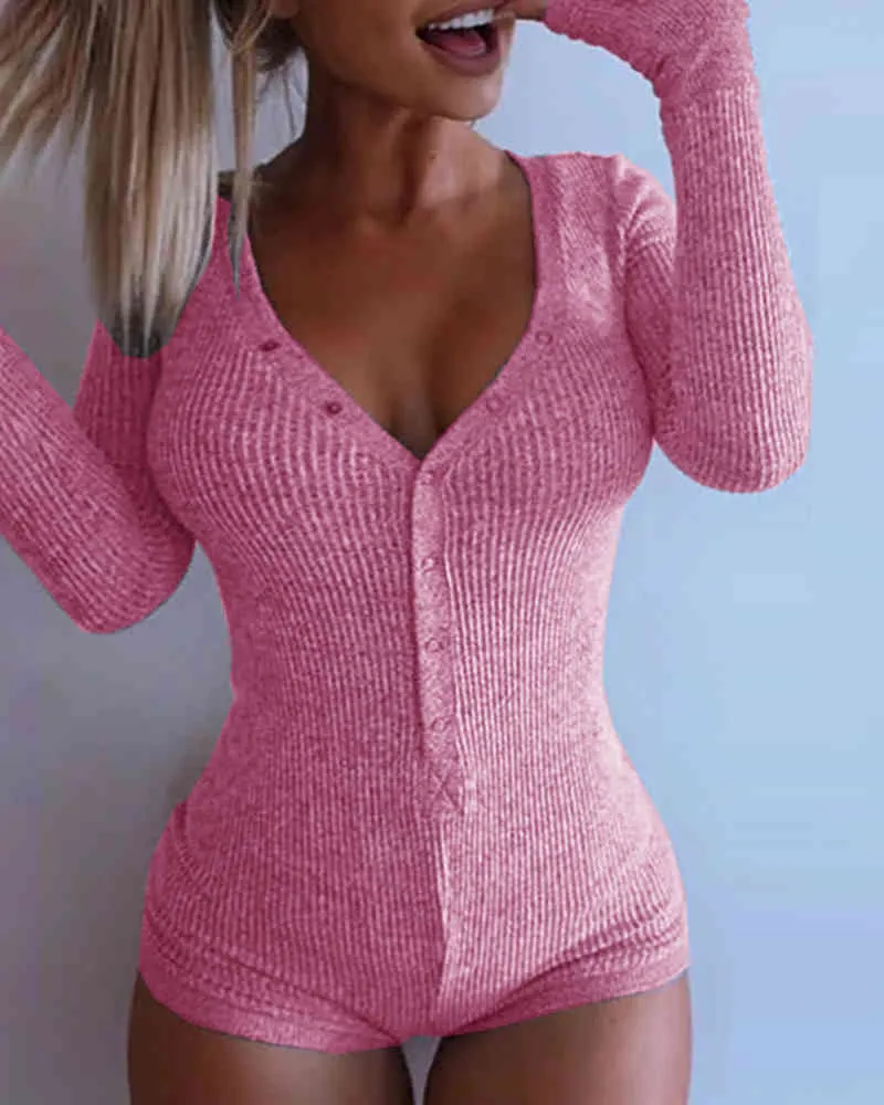 Spring Women Solid V-Neck Romper Sexy Long Sleeve Jumpsuit Homewear Slim Tight Clothing Short Knitted Cotton Ladies 210415