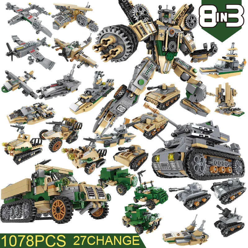 1078 pièces + blocs de construction modèle de Robot de guerre militaire transformé pour les figurines de réservoir hélicoptère navire enfants jouets ville Q0624