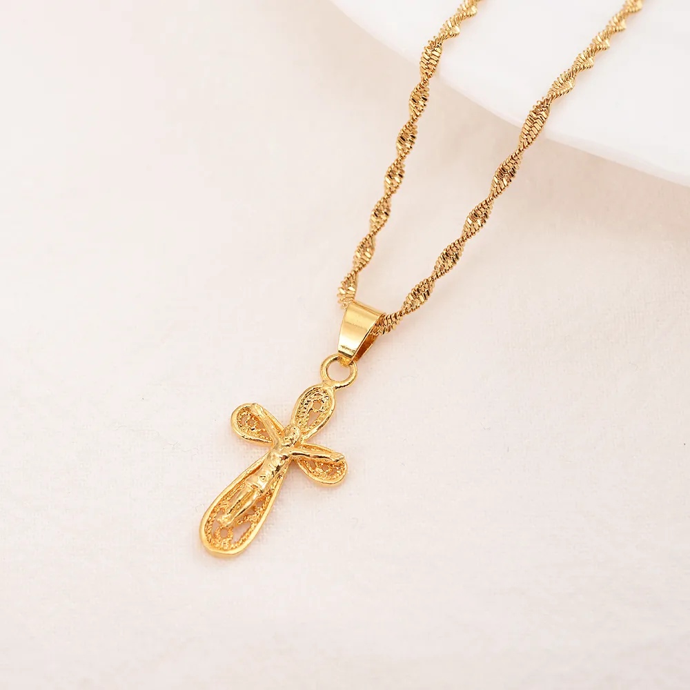 Jesus Cross Pendant Necklaces Earrings 18 k Fine Yellow Gold Filled Egyptian Sets Women Egypt Hieroglyphs Charm Jewelry219J
