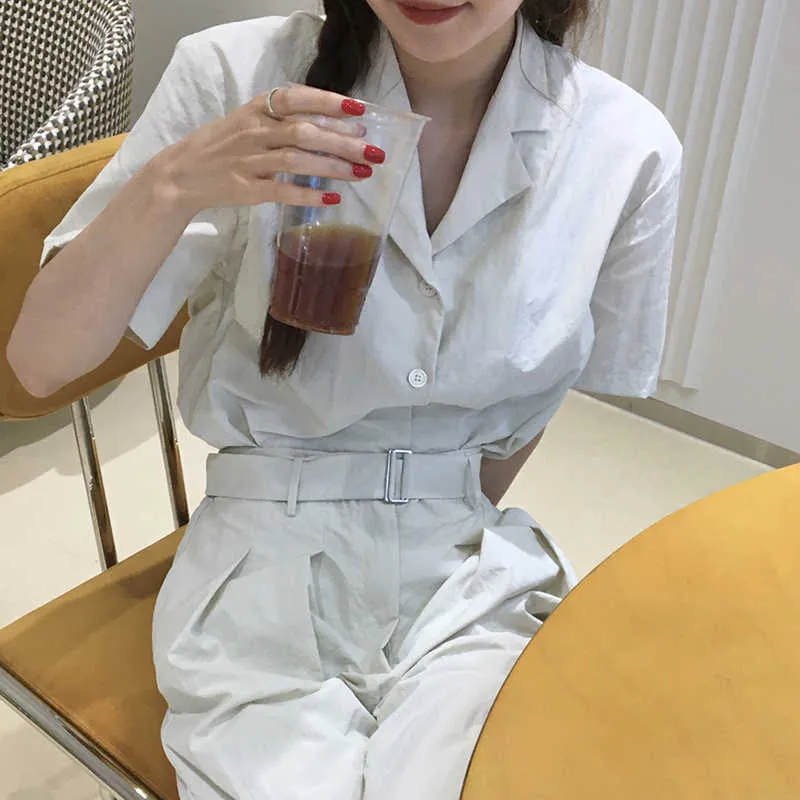 Korejpaa Frauen Set Sommer Koreanische Chic Damen Einfache Revers Kurzarm Anzug Jacke Hohe Taille Plissee Casual Hosen 210526