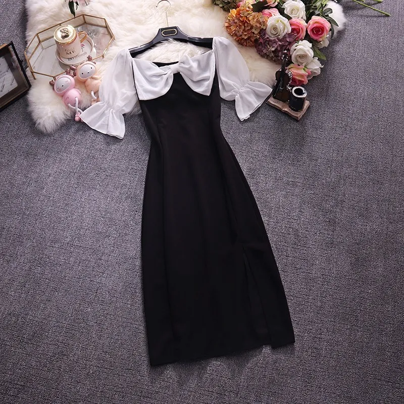 Korobov robe d'été femmes Slash cou papillon manches doux nœud robes coréen Hit couleur Patchwork a-ligne Vestidos 210430