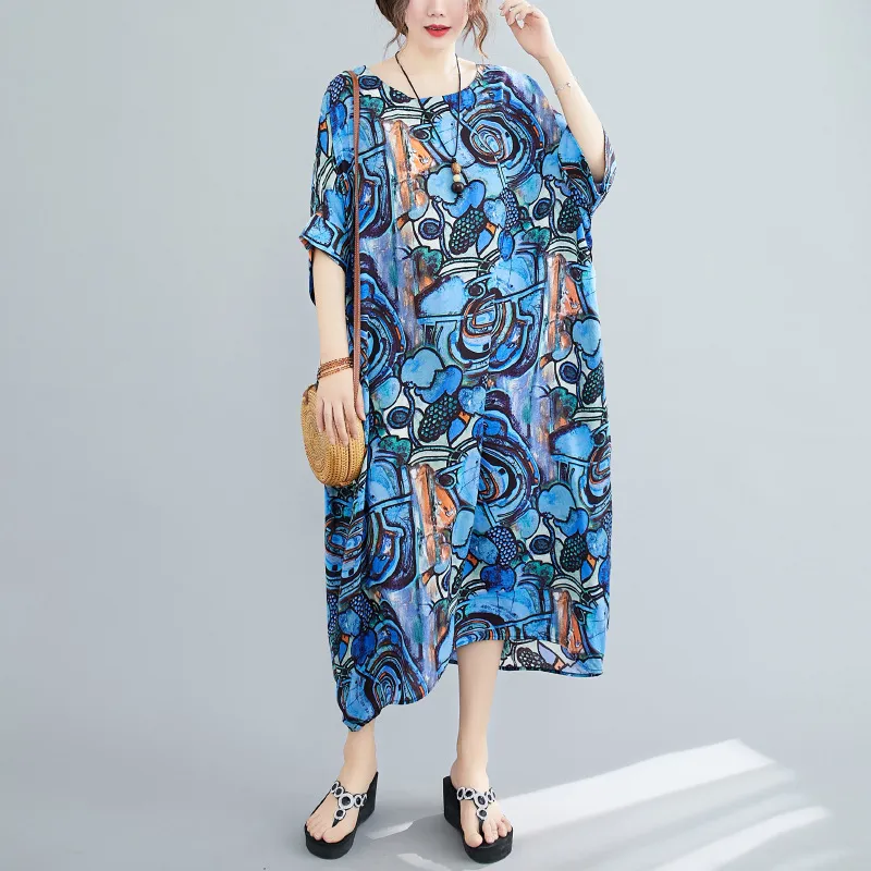 Johnature Summer Retro Sukienka Drukuj O-Neck Koreański Luźny Wygodny Pół Rękaw Plus Size Kobiety Vintage Dresses 210521