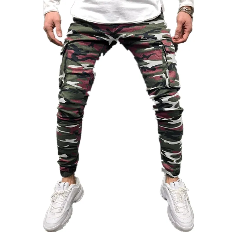 Mens jeans bolso estilo militar solto camuflagem calça de carga para homens transgênico de jean masculino calças de lápis casual