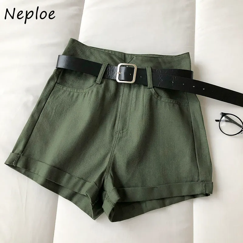 Neploe taille haute hanche droite shorts feminino été couleur bonbon shorts décontractés femmes poche lâche avec ceintures 210510