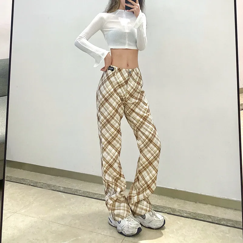 Pantalon à carreaux femmes printemps été décontracté Chic surdimensionné ample pantalon à jambes larges Ins rétro adolescents Harajuku hip-hop tout match 210524