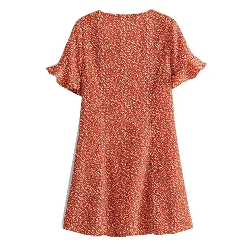 Femmes rétro évasé à manches courtes robe florale orange rouge Vintage simple boutonnage col en V coupe ajustée robes de thé 210429