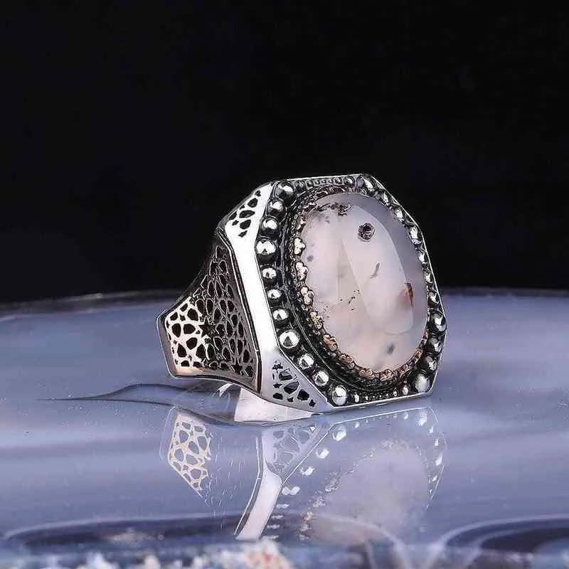 925 Sterling Silver Ring For Man Real Pure Natural Aquamarine Zircon Stone Patterned Embroidered Handmade Turkish Jewelry 211217