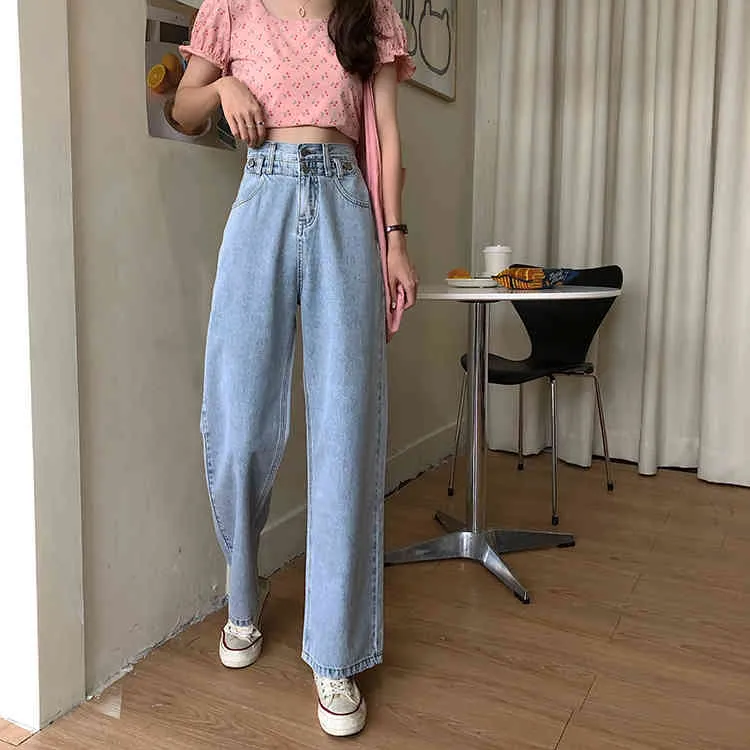 S-XL летний корейский опрятный стиль свободных женщин длинные джинсовые брюки двойные кнопки высокая талия прямые джинсы для женщин 78376 210423