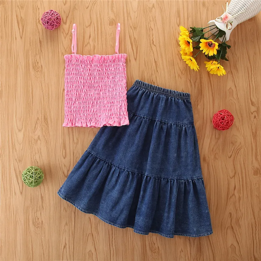Flickor sommar kjol kostym tjej kläder rosa susender topp + denim casual barn 210515
