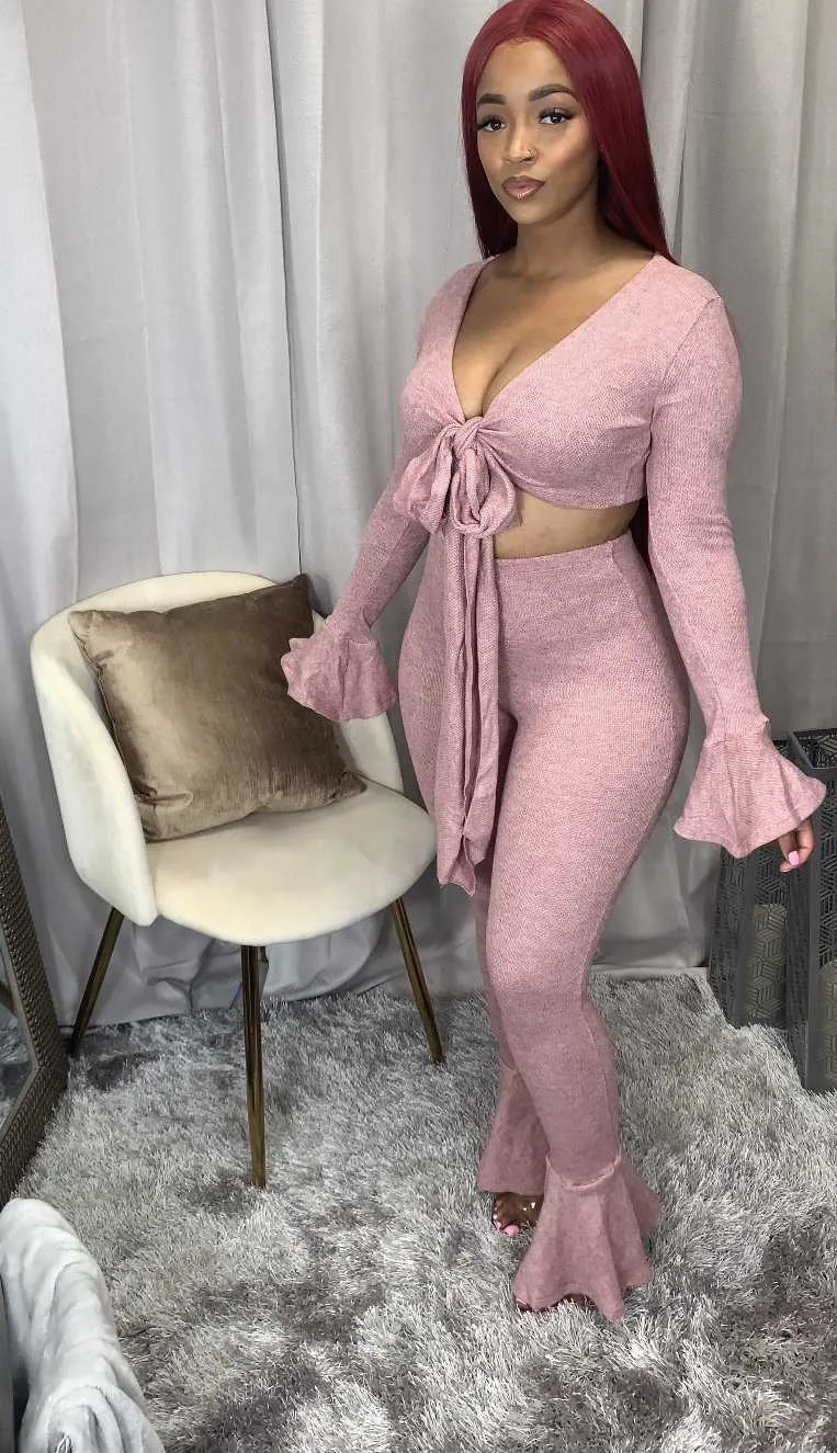 Women Casual Solid Two Piece Suits Long Sleeve V Neck Tie Front Crop Top and Flare Pants Set Wholesale Drop 210525