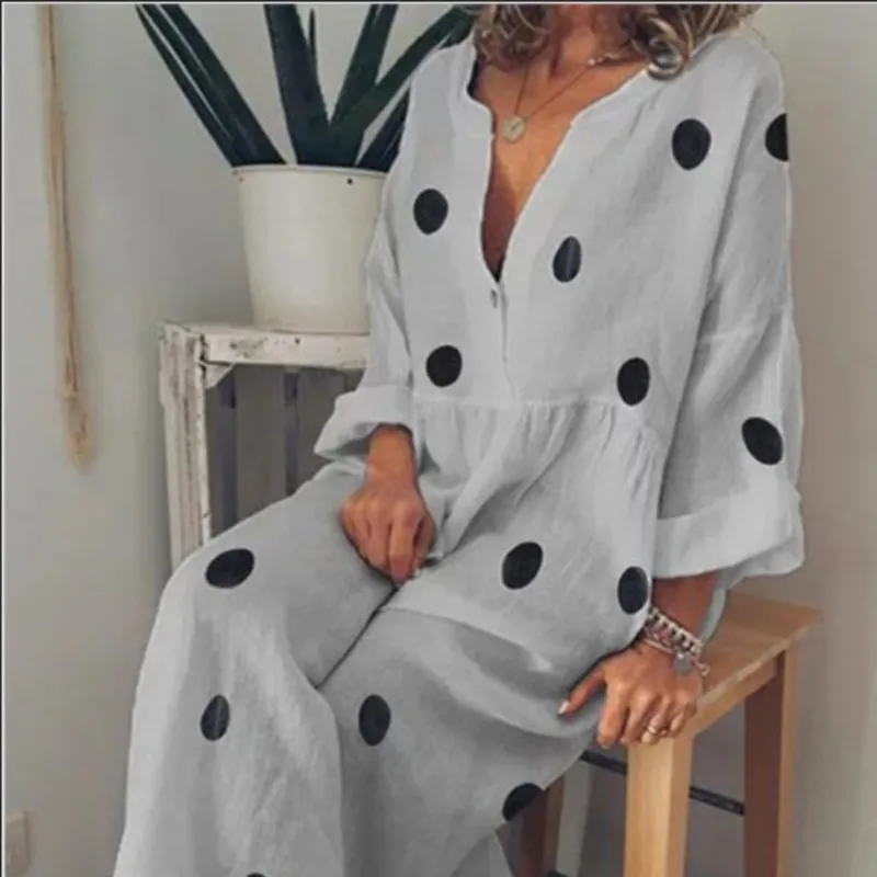 TVVOVVIN S-5xl Plus New 2020 Summer European Style Full Sleeve Print Dots V-neck Ankle-length Women Loose Dress F336 X0521