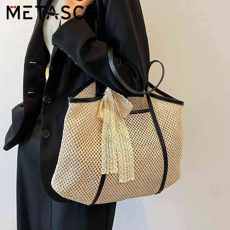Sacos de compras Metasch S / S Composite Casual Tote Grande palha com presente fita Mulheres Bolsa Beach Férias Luxo Estilo 220301