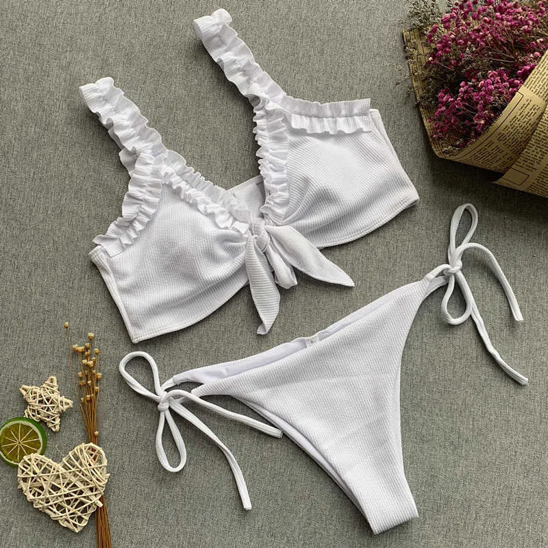 Vigorashely Sexy White rush Push Up Bikini Два кусок Купальник Женщины Купальники Структура Бантик Бикини набор купальный костюм 210722