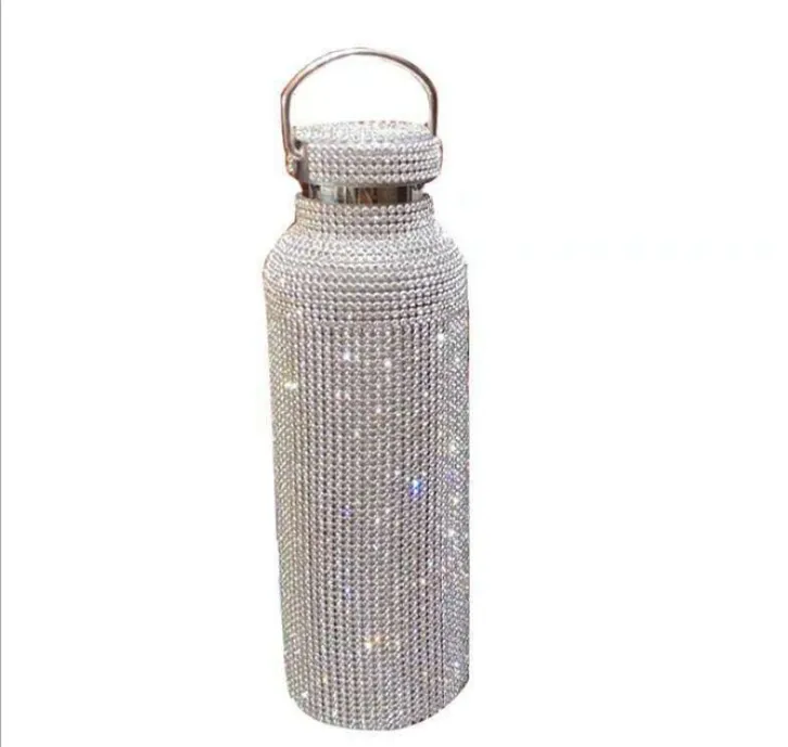 Sparkling av high-end isolerad flaska bling rhinestone rostfritt stål termadiamant termo silver vatten med lid205r