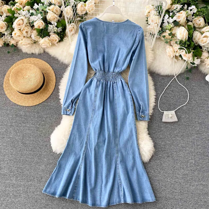 Upadek Kobiety Retro Midi Drelich Dress V Neck Button Sexy Split Slim Koreański Elegancka Streetwear Z Długim Rękawem Robe Vestidos 210514