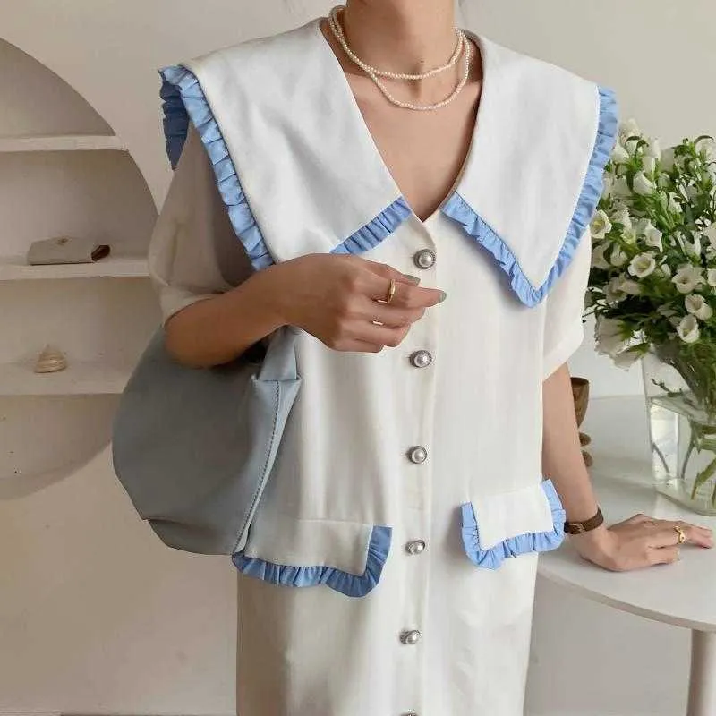 Ofis Lady Ruffles Donanma Yaka Zarif Renkli Hit Femme Düz Satış Yaz Vintage Mini Elbiseler Vestidos 210525