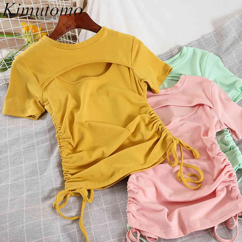 Kimutomo o pescoço manga curta t-shirt feminino verão coreano moda meninas oca out cordão selvagem sólido tops casual 210521