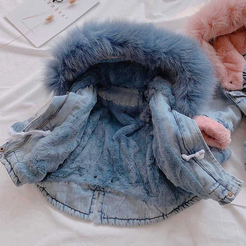 Winter Autumn Baby Girls Zipper Denim Jacket Children Large Fur Collar Windproof Clothes Boys 2-6Y 211011