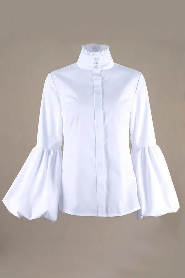 ブラウスの女性のシャツのソリッドプラスサイズ3xlシングルブレストボタンタートルネックパフスリーブオフィスレディーストップスリムフィットヴィンテージ210416