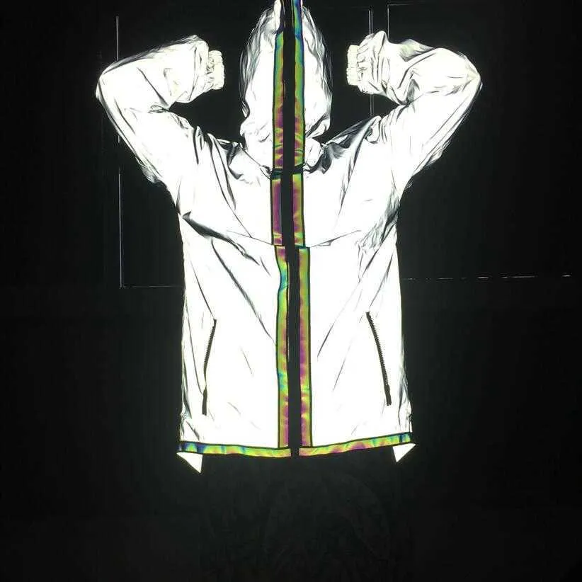 Reflective Bomber Jacket Men Brand Hip Hop Dance Fluorescent Trench Coat Punk Harajuku Windbreaker Cloak Jackets and Coats 210811