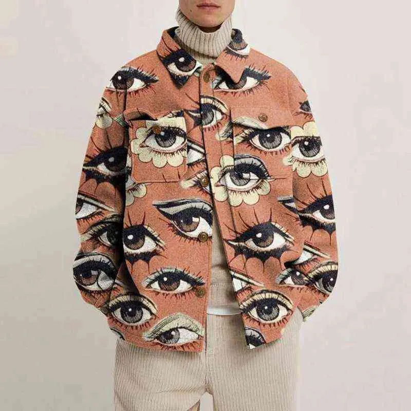Осенняя мода абстрактный напечатанный свободные пальто мужской воротник поворотный воротник застегивают куртку битник мужчины зима повседневная уличная одежда 211223