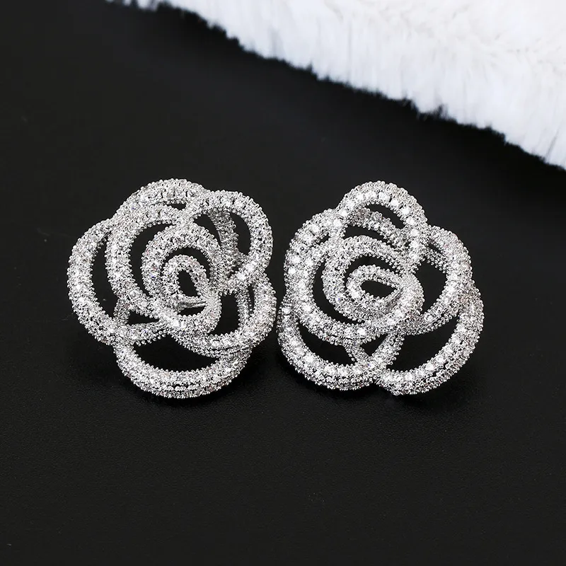 luxury brand korean fashion summer accessories camellia with full zircon flower stud earring women for gifts