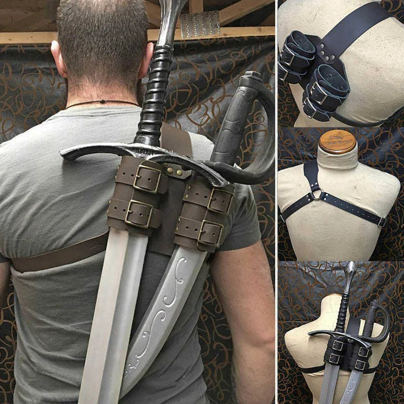 Medieval Witcher Double Back Scabbard For Sword Cutlass Holder Viking Pirate Warrior Leather Sheath Holster Cosplay Larp Costume Y2038