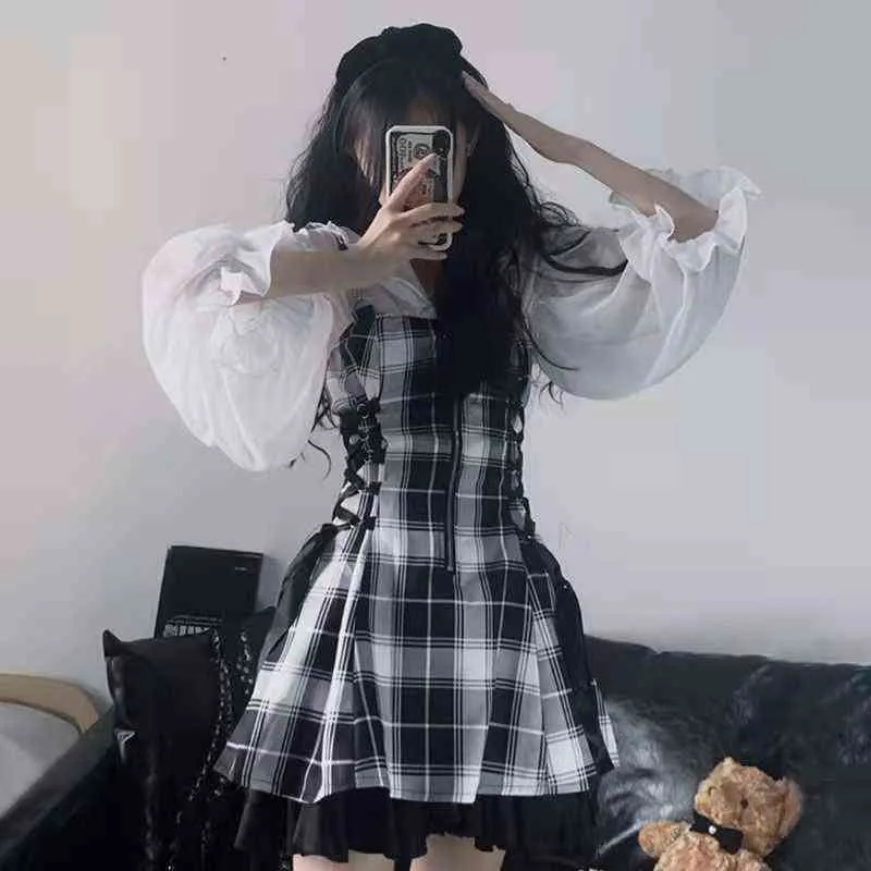 Kawaii Plaid Plissee Lolita Mini Kleid Frauen Punk Emo Harajuku Y2k Ästhetische Kleider Sets Goth Fee Grunge Alt Kpop Kleidung y1204