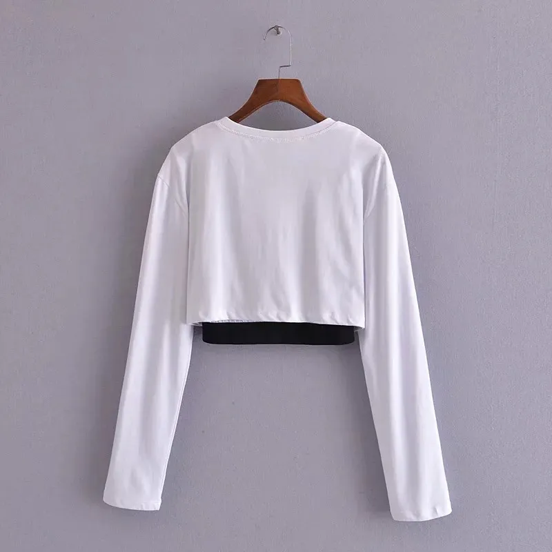 Weißes Crop Top Frau Chic Kontrast elastische Besätze Langarm T-Shirt weiblich Basic O Hals Baumwolle T-Shirts für Mädchen 210519