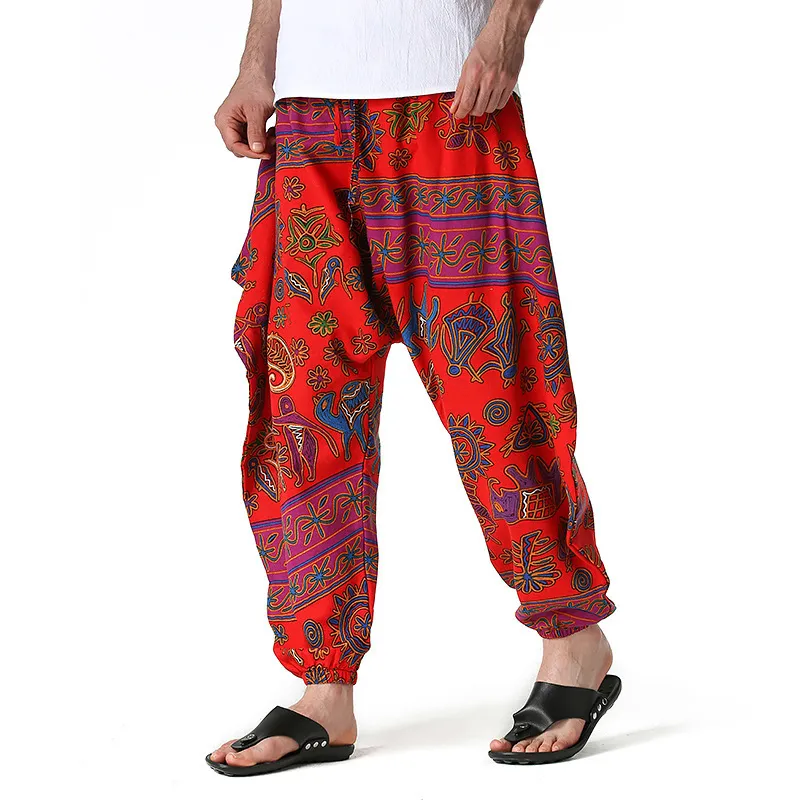 Этнические стиль мужские брюки хлопчатобумажные принты повседневные брюки мужчины дышащая уличная одежда негабаритная мешковатая африка мужская гарем брюки 210524