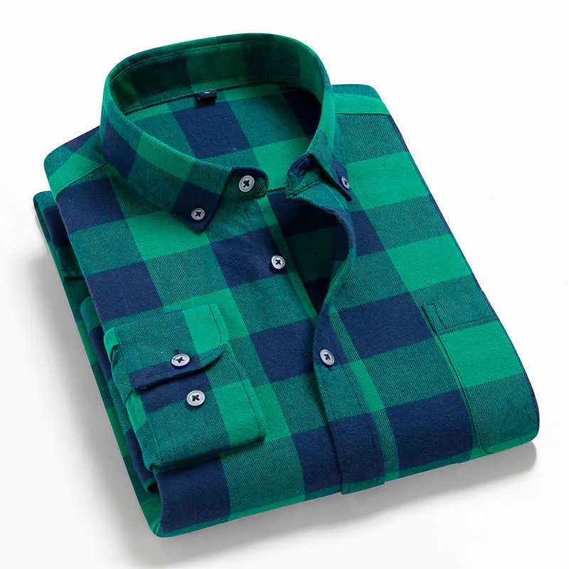Män Flannel Plaid Shirt 100% Bomull Vår Höst Casual Långärmad Soft Comfort Slim Fit Styles Märke For Man Plus 210626