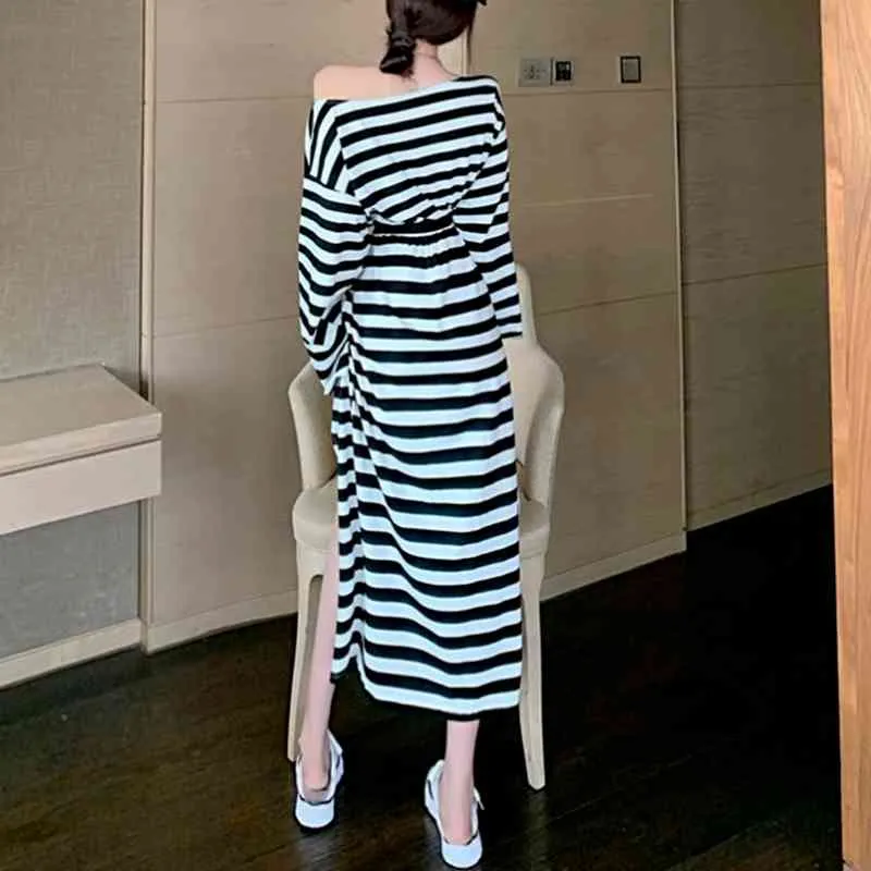 Ezgaga Striped Sukienka Kobiety Sexy Split Spring High Paist Nieregularne Off Ramię Z Długim Rękawem Kobiet Bandaż Dress Moda Vestidos 210430