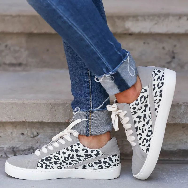 Zapatos planos de alta calidad para mujer, zapatillas de deporte para mujer, zapatillas de deporte con cordones de leopardo de talla grande, zapatillas informales de PU 2021, zapatos vulcanizados de moda, calzado para caminar