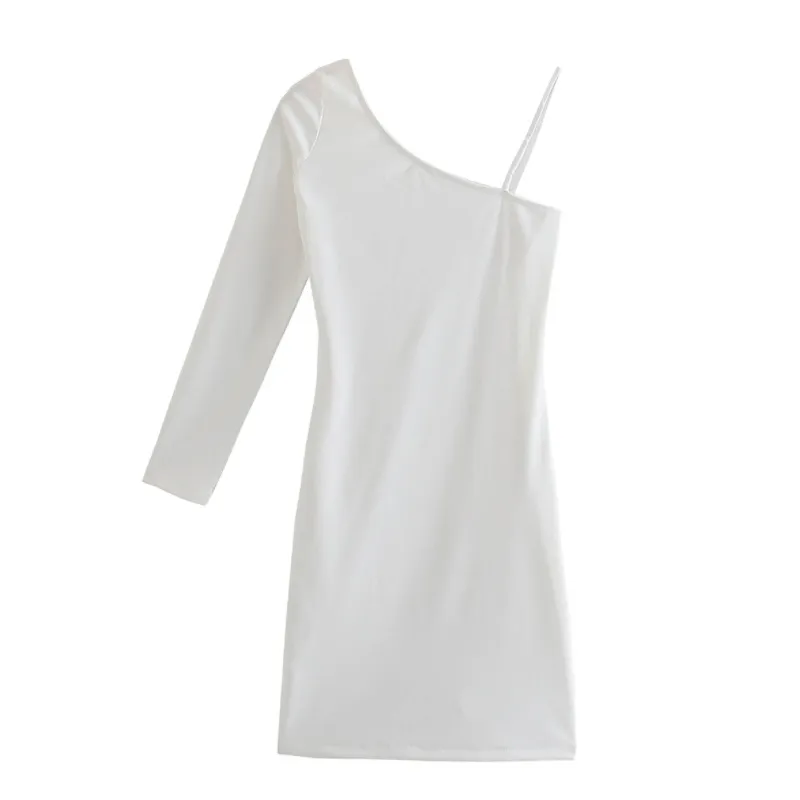 Zomer vrouwen asymmetrie een schouder witte mini jurk vrouwelijke lange mouw kleding casual dame slanke vestido d7686 210430