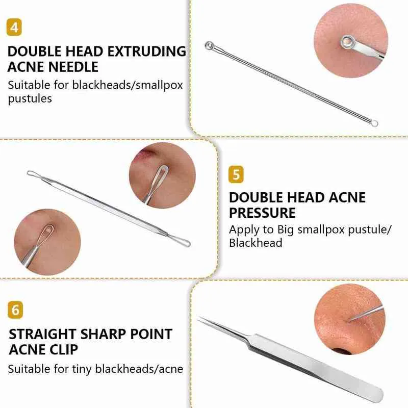 Ansiktsvårdsanordningar SteameStrainless Steel ansiktsbörselborttagare Nålar Extractor Pimple Blemish Comedone Removal Kit Double Head Tool 2202255196874